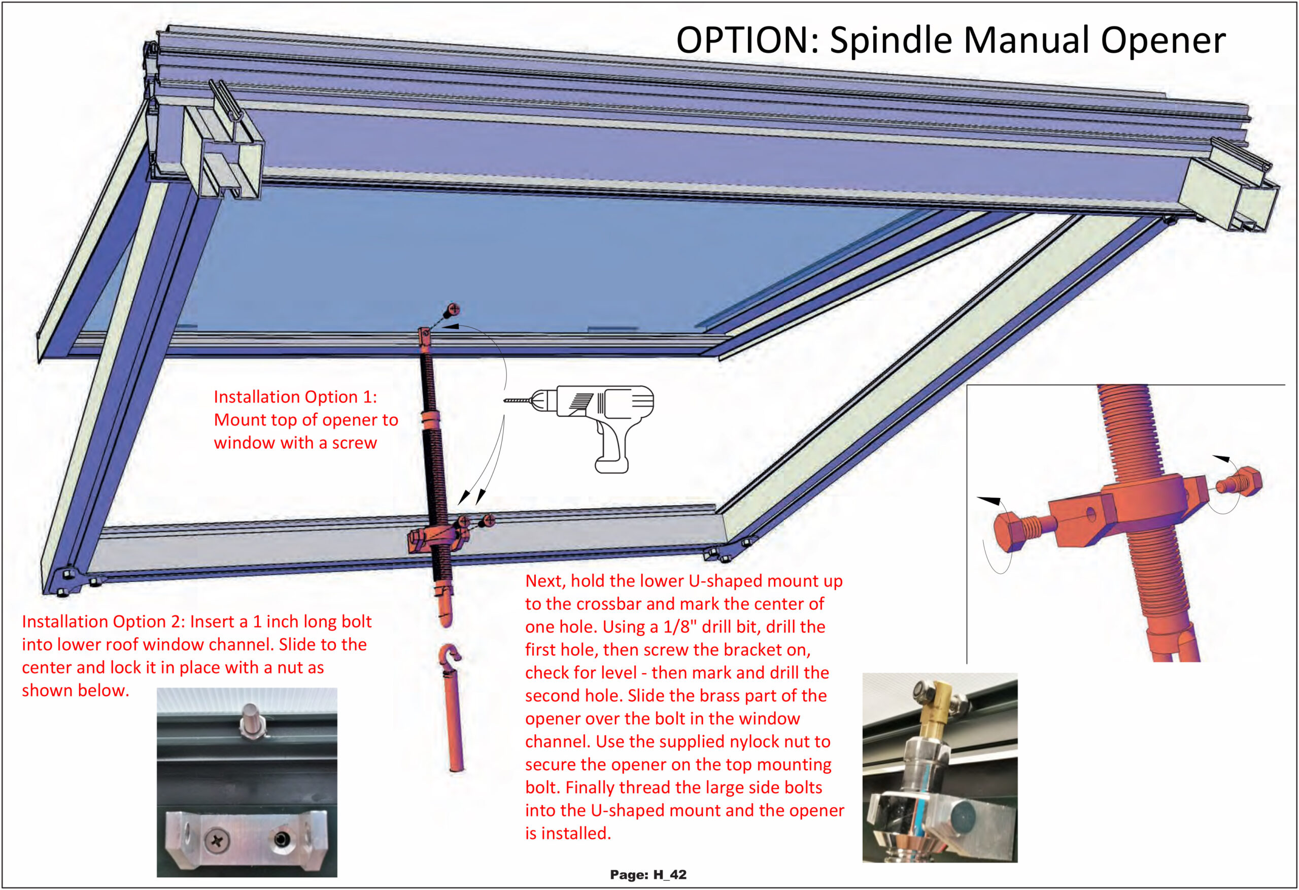 Spindle opener for roof windows